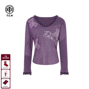 新款 女2025年冬季 T75D09E5046 显瘦V领紫色针织衫 TCH小熊烫钻修身