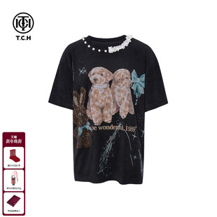烫钻卡通小狗圆领休闲短袖 时尚 T恤女T75D10E1009 新款 TCH2025冬季
