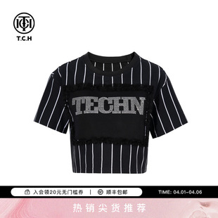 TCH轻奢烫钻时尚 T恤条纹字母短上衣女T75B10B1063 休闲设计感短袖