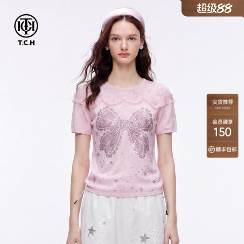 TCH甜妹风蝴蝶结烫钻针织短袖