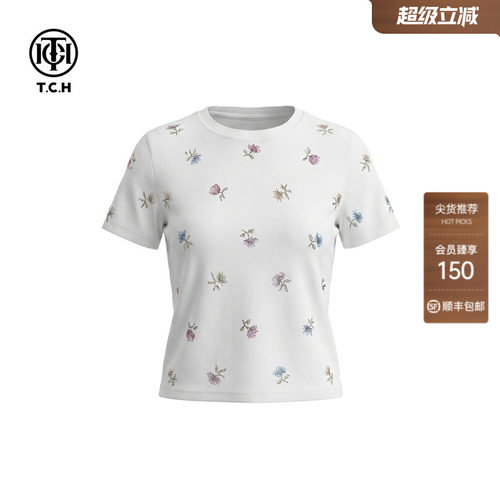 TCH甜美白色烫钻花朵短袖T恤