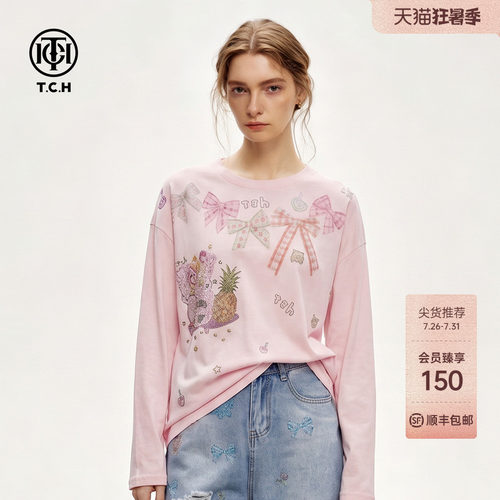 甜美少女风落肩蝴蝶结长袖T恤女