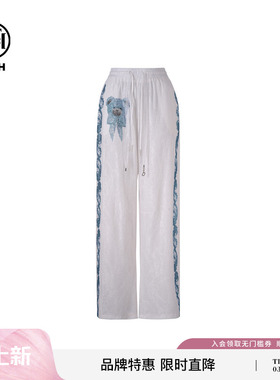 TCH私服烫钻小熊时尚白色弯刀宽松休闲裤女25夏季新款T75A20E5117