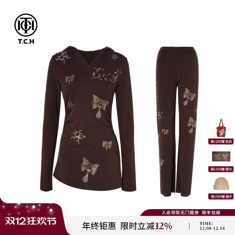 TCH私服烫钻休闲收腰连帽长袖T恤直筒休闲裤套装女T75C07E1013