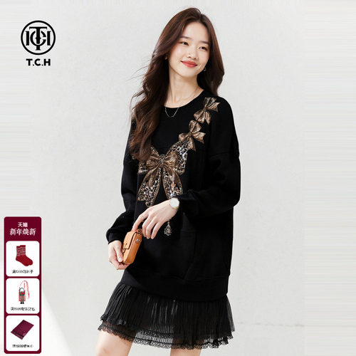 TCH法式钻炫蝴蝶结高级黑长袖蕾丝拼接长卫衣连衣裙女T75C30B1009