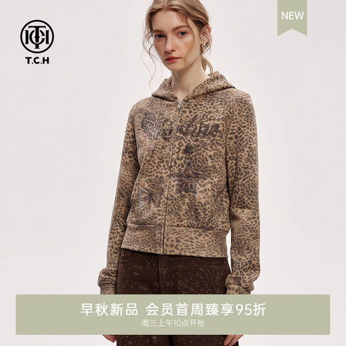 美式豹纹收腰连帽短外套女