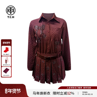 TCH轻奢蝴蝶烫钻豹纹樱桃复古红格子收腰百褶连衣裙女T75C30E1058