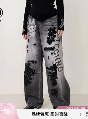 TCH水墨黑花刺绣重工艺做旧弯刀阔腿牛仔裤女2025秋冬T78A20E5001