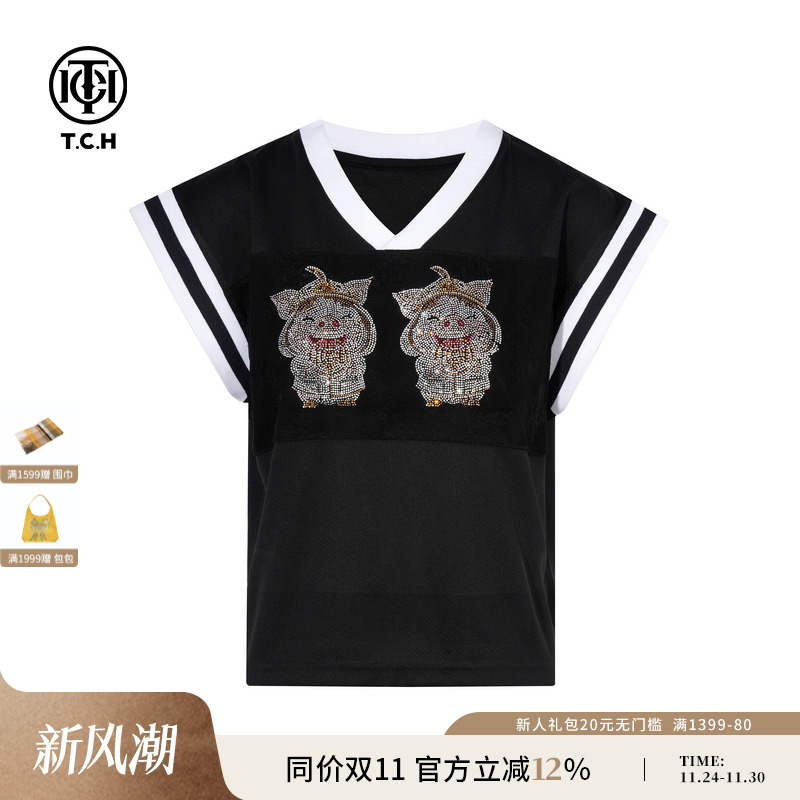 TCH私服烫钻宽松V领撞色个性休闲运动风短袖T恤女T75C10B1041