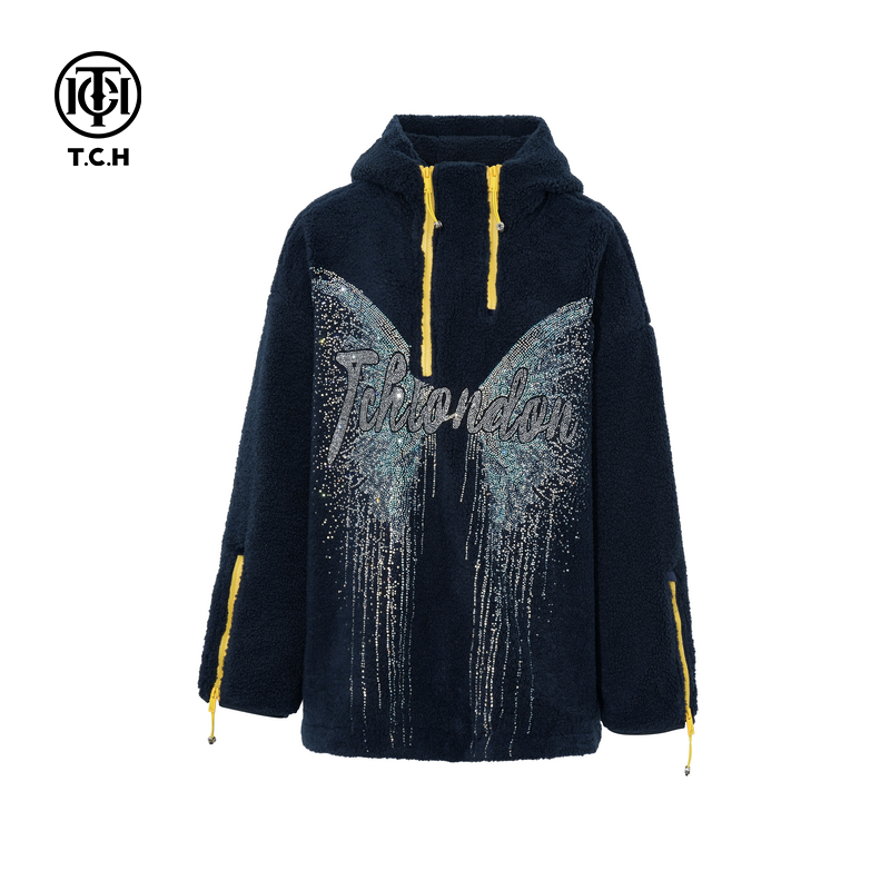 TCH私服25秋冬新款慵懒烫钻时尚加厚保暖连帽卫衣外套T75D12E1006