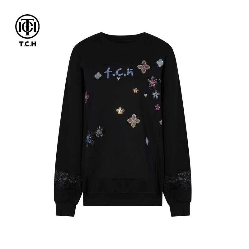 TCH私服烫钻潮牌时尚休闲百搭圆领卫衣女2025秋季新款T75C11B9001