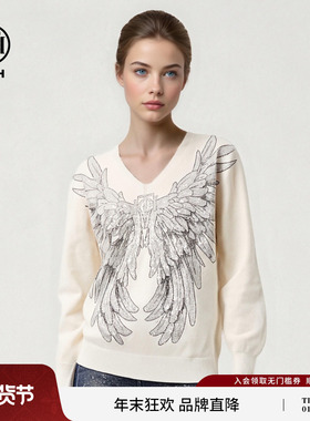 TCH冬季软糯亲肤大翅膀烫钻休闲百搭V领毛衣针织衫女T75D09E1230