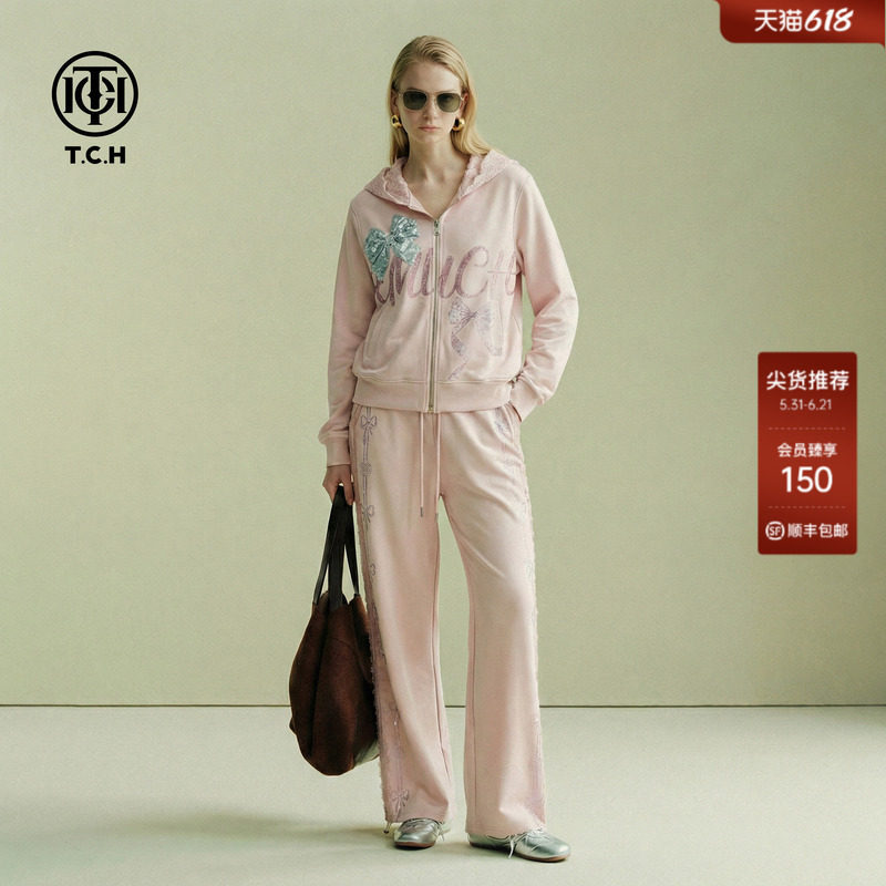 TCH时尚潮牌蝴蝶结字母烫钻连帽外套休闲裤粉色套装女T78A07E1145