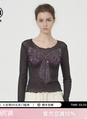 TCH烫钻蝴蝶结木耳边下摆修身百搭气质紫色打底衫女T78A02E1018A