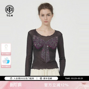 TCH烫钻蝴蝶结木耳边下摆修身 女T78A02E1018A 百搭气质紫色打底衫