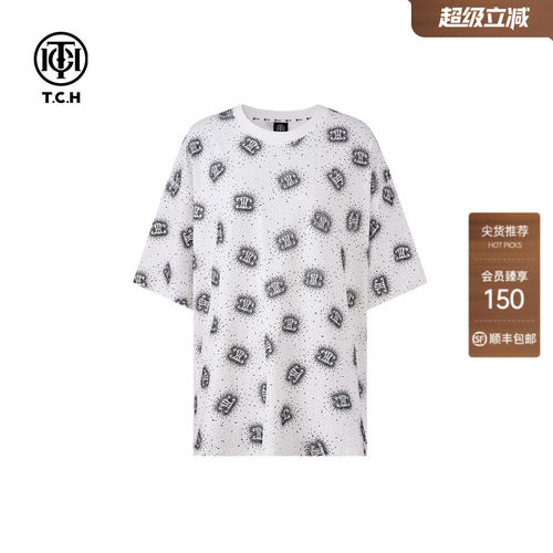 TCH宽松休闲满印LOGO烫钻百搭圆领短袖T恤男女同款2026夏季新款
