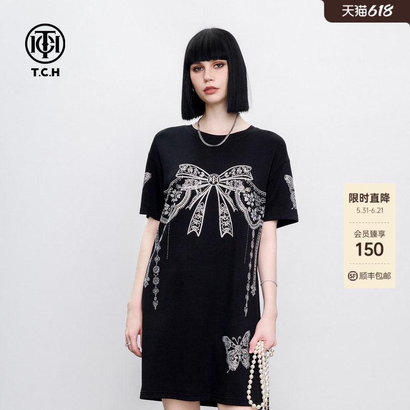 TCH潮酷烫钻蝴蝶结垂感短袖长款圆领时尚宽松连衣裙女2026夏新款
