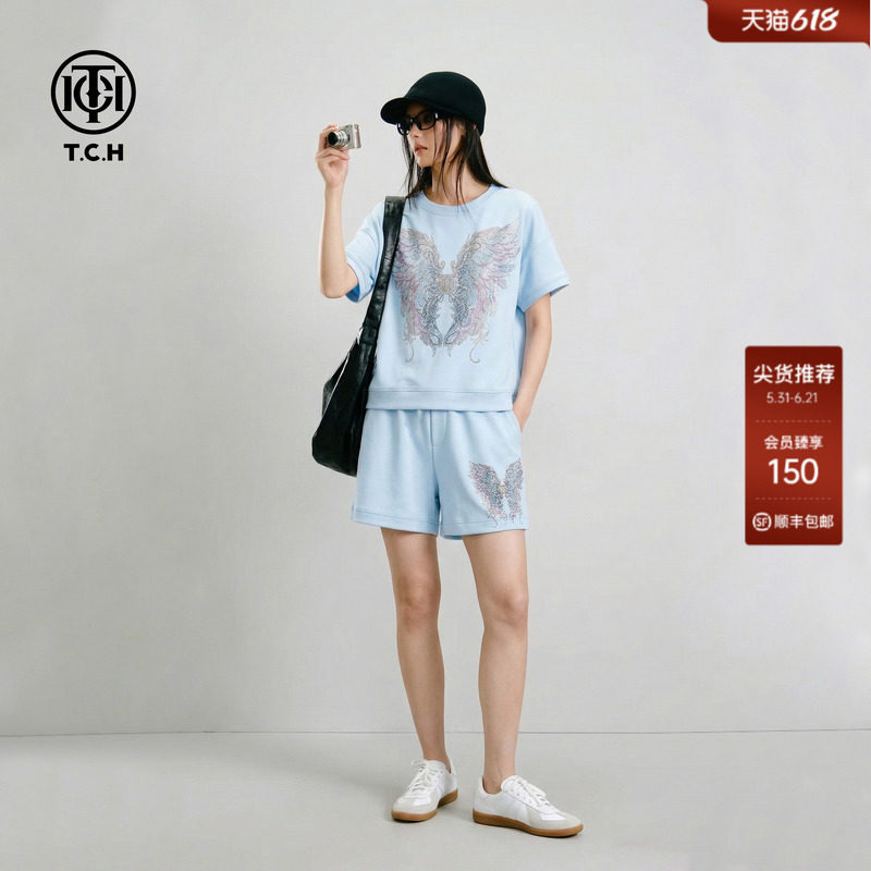 TCH烫钻翅膀夏季女T恤短裤套装