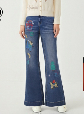 TCH甜酷氛围感做旧蓝底童趣烫钻高腰显瘦微喇牛仔裤女T78A20E1013