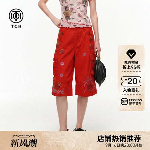 TCH美式甜酷草莓烫钻红色牛仔短裤女2026夏季新款宽松阔腿五分裤