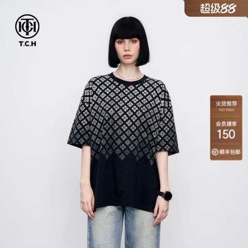 TCH街头潮流烫钻休闲时尚宽松凉感短袖T恤男女同款2026春夏新款
