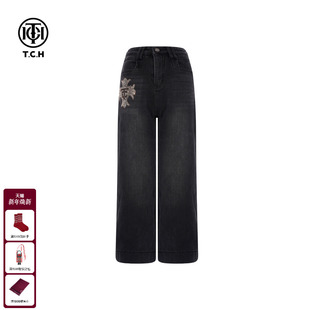 新款 女2025冬季 T75D20E1218 烫钻黑色直筒休闲牛仔裤 TCH百搭时尚