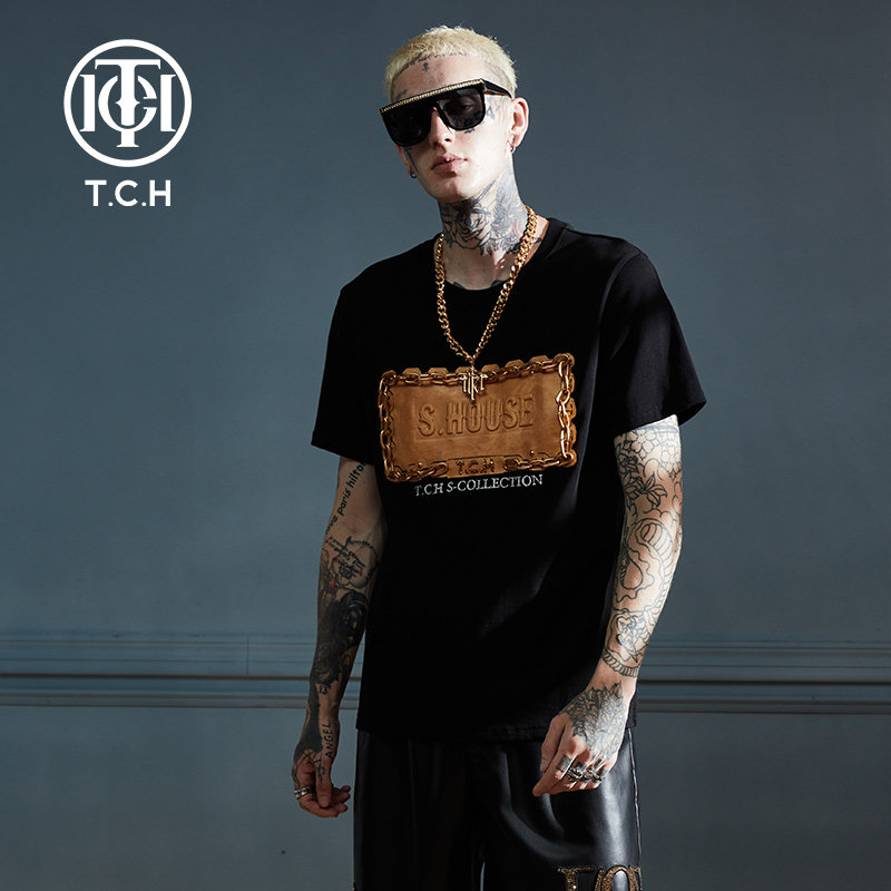 tch 轻奢潮牌短袖t恤烫钻金链条夏季男女商场同款t66a108007