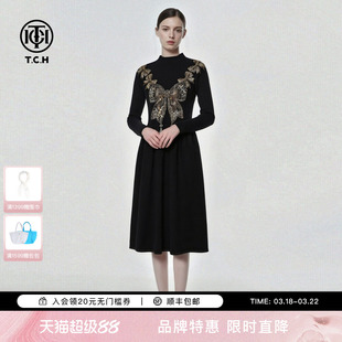 TCH轻奢烫钻蝴蝶结链气质收腰显瘦半高领针织连衣裙女T78A30E1012