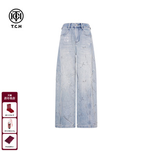 TCH闪耀流星璀璨烫钻设计感收腰显瘦阔腿加绒牛仔裤 女T75D20E1235