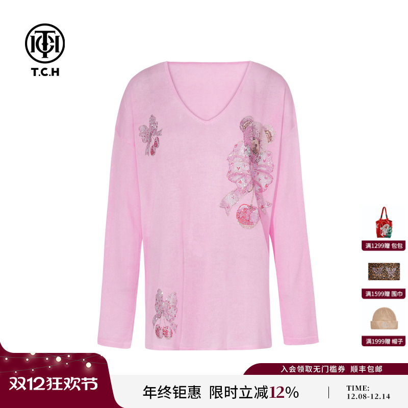 TCH私服烫钻轻薄时尚宽松百搭蝴蝶结v领针织衫女秋装T75C09E5055