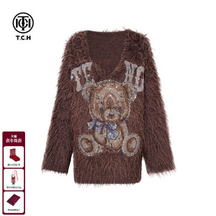 烫钻宽松咖色Vl领针织衫 时尚 女T75D09E1119 新款 TCH私服2025冬季