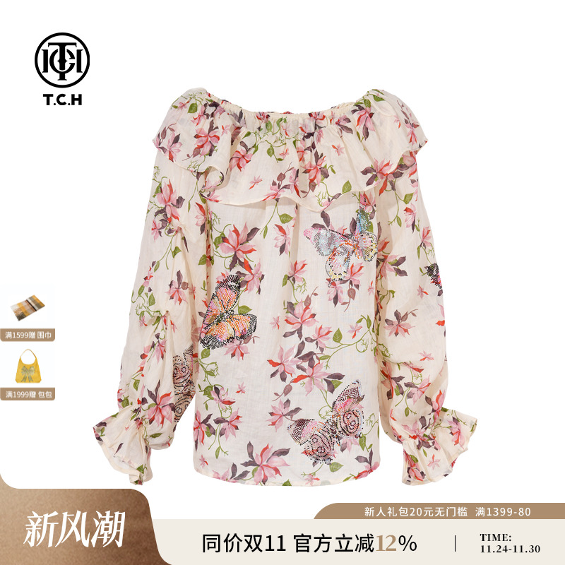 TCH私服烫钻苎麻一字肩荷叶边碎花长袖衬衫女25秋新款T75C13E5012