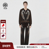 TCH复古风豹纹烫钻天使之翼连帽外套休闲阔腿裤 套装 女T78A07E1053