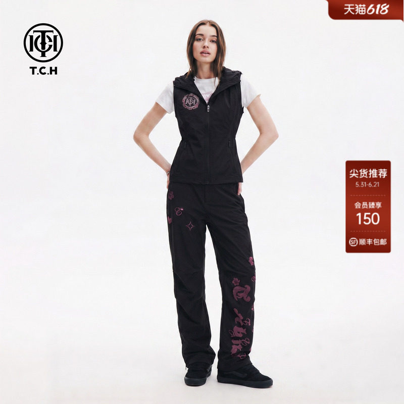 TCH烫钻翅膀撞色休闲三件套女甜酷时尚连帽马甲短袖T恤阔腿裤套装