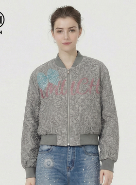 TCH26春款时尚蝴蝶结字母烫钻灰色潮牌短款夹克外套女T78A27E1017
