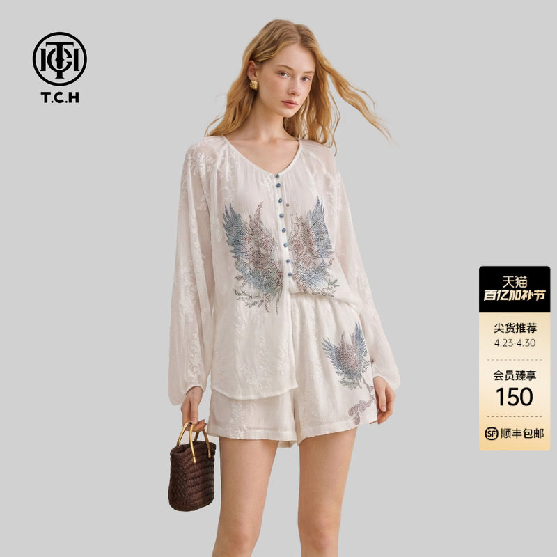 TCH烫钻翅膀白色长袖衬衫短裤两件套2026夏新款轻薄宽松垂感套装
