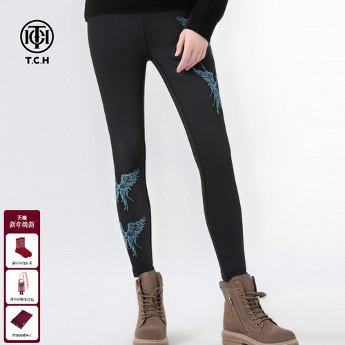 TCH私服25秋冬新款烫钻时尚黑打底裤女弹力加绒鲨鱼裤T75D23E1001