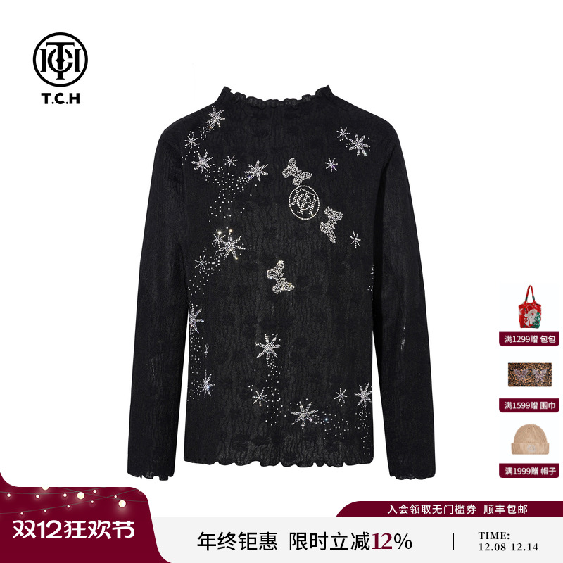 TCH私服烫钻时尚黑色半高领打底针织衫女2025冬季新款T75D09E1101