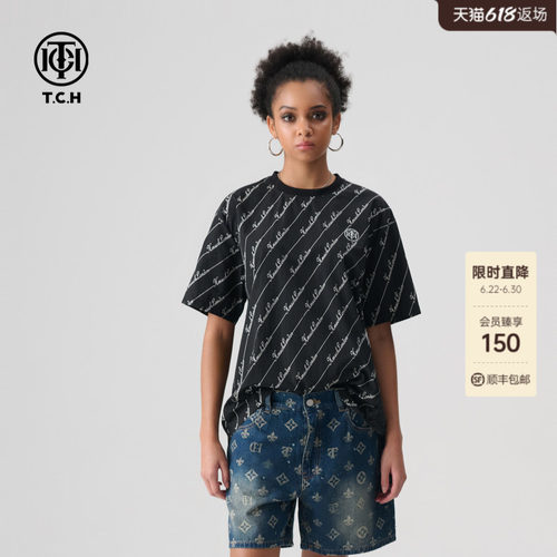TCH黑色轻奢潮牌烫钻休闲宽松T恤半袖男女款2026夏新款T72B106189