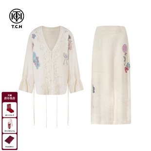 女T75C07E5039 半身裙套装 TCH私服烫钻25秋冬新款 温柔风气质针织衫