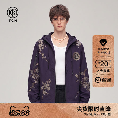 TCH潮牌烫钻梅花连帽工装外套女宽松夹克男26春夏新款T78A27E1028