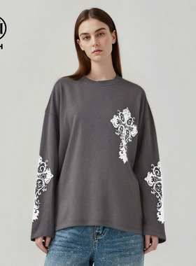 TCH潮流休闲烫钻落肩袖宽松亚麻长袖T恤女2026春夏新款T78A086007