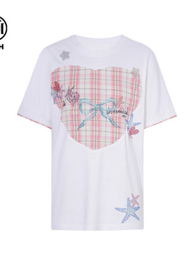 TCH私服烫钻撞色拼接时尚减龄爱心设计短袖T恤女新款T75C10B1035