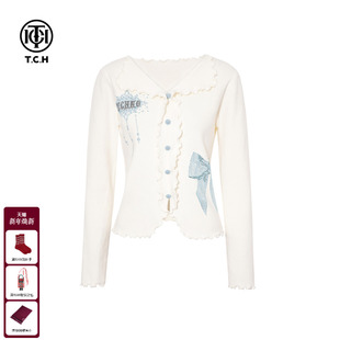 T75D09E1089 气质百搭打底针织开衫 TCH私服时尚 烫钻木耳边米色修身