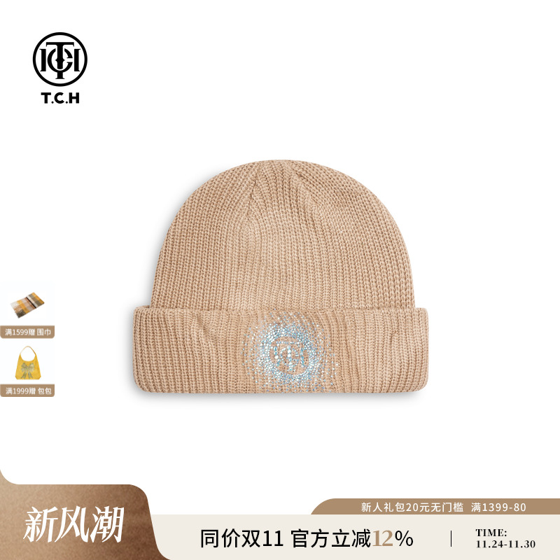TCH2025冬新款轻奢时尚毛线帽子卡其色休闲通勤毛线帽T75D41E1010