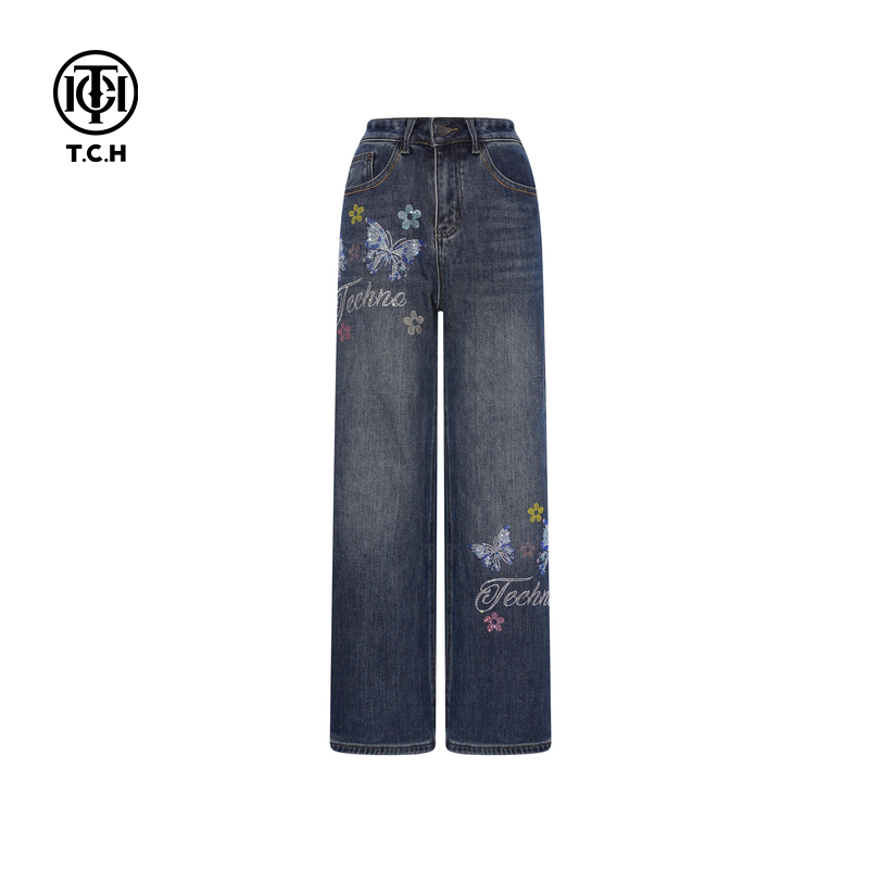 TCH2025冬季新款百搭时尚烫钻休闲高腰显瘦直筒牛仔裤T75D20E1141