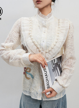 TCH时尚烫钻法式复古蕾丝立领衬衫上衣女2025冬季新款T75D13E5000