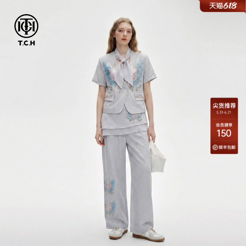 TCH轻熟风翅膀烫钻蓝色西装套装女夏季短袖外套屁帘阔腿裤四件套