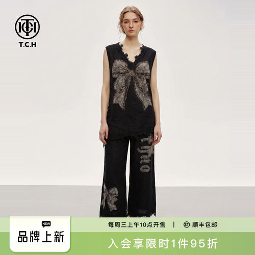 TCH亚麻蕾丝V领T恤休闲裤套装