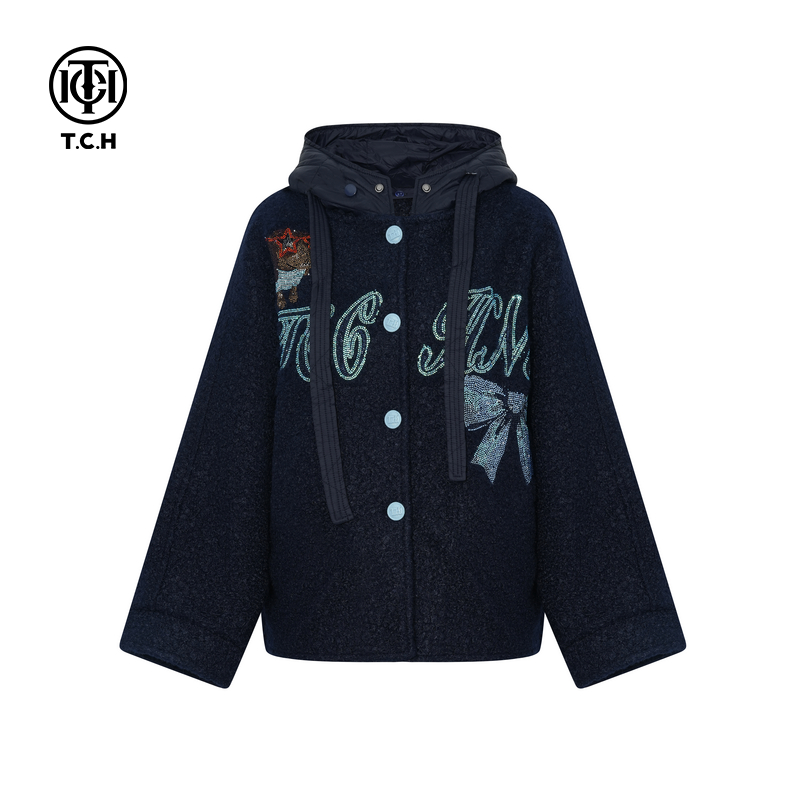 TCH私服烫钻时尚宽松加厚保暖连帽外套女25秋冬新款T75D27E1009A